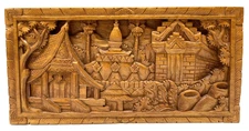 Thailand Village Scene Hand Carved Teak Wood 3D Carving Art Decor Vintage