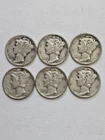 Lot of 6 Mercury Silver Dimes 1923–1944 | 90% Silver | Original Condition