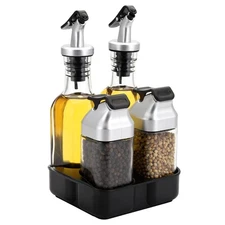 5 PCS Oil Vinegar Dispenser Bottles Set with Caddy Stand, Tabletop Glass Salt...