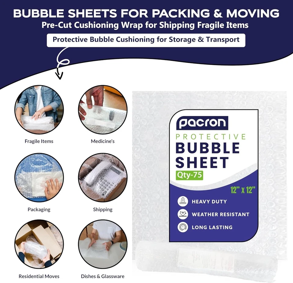 12x12 Pre-Cut Bubble Cushioning Wrap - Packing Sheets for Shipping - Made in USA - Image 2 of 4