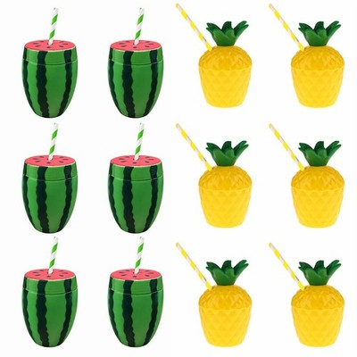 12 x gemischte Ananas & Wassermelone wiederverwendbare Hawaii Party Cocktail Tassen & Strohhalme
