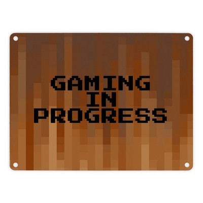 Metallschild in 15x20 cm Pixelmotiv und Spruch: Gaming in Progress Pixel Art