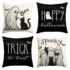 Happy Halloween Ghost Black Cat Throw Pillow Covers, 20 x 20 Inch Trick or Treat