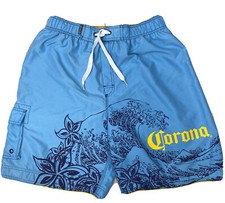 Corona Extra Mens Sz L Floral Hawaiian Swim Trunks Lined Yellow Blue Pocket OST