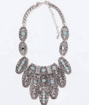 N286 Silver metal Turquoise crystal layered Zara Statement