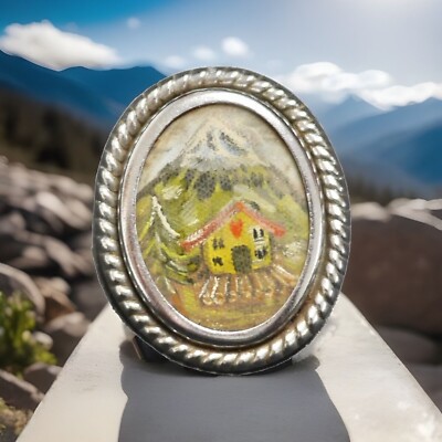 Vintage HandPainted Swiss Alps Mountain Scene & Chalet Pin Brooch