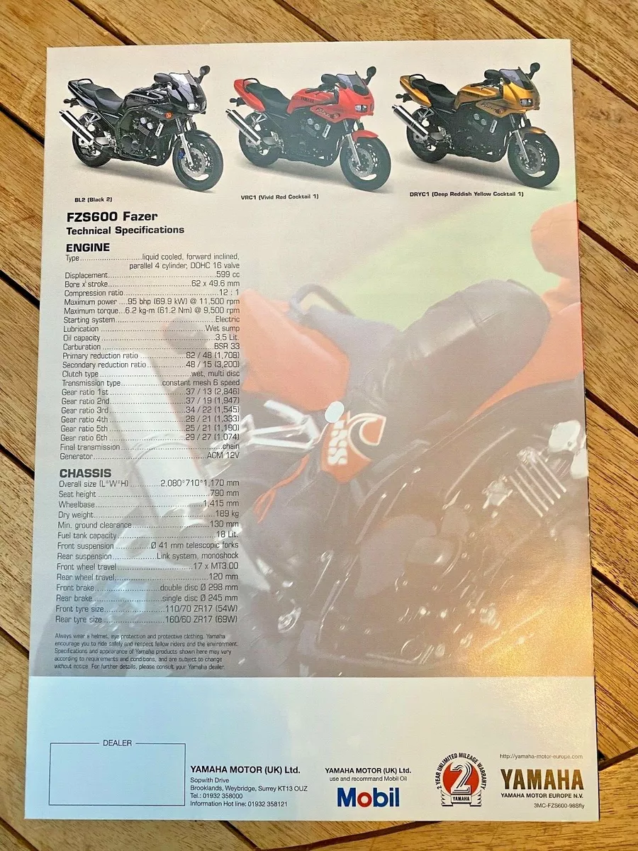 YAMAHA FAZER 600 MOTORCYCLE Sales Brochure 1998 UK EU SPEC