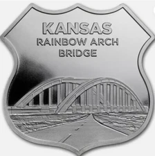 Route 66 Icons 1 oz Silver Shield Coin  Kansas #3  Rainbow Arch Bridge
