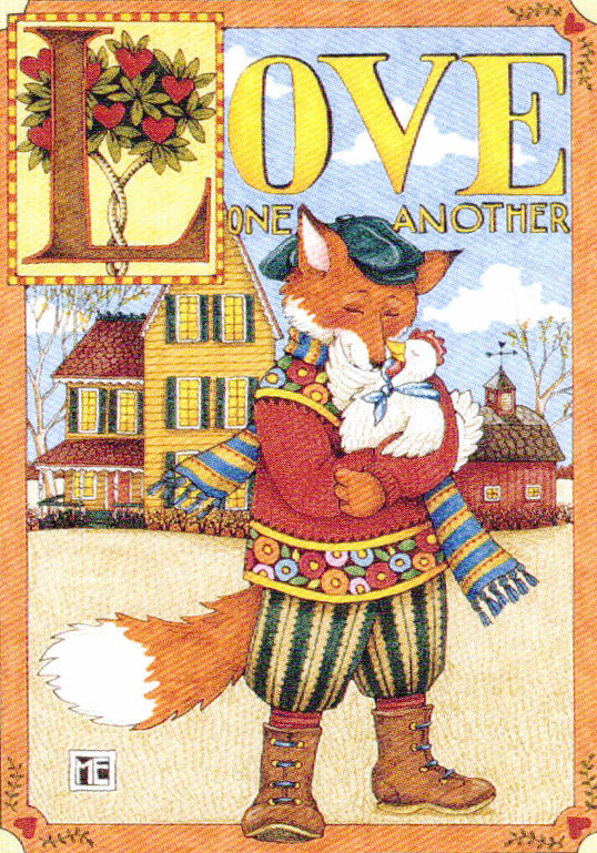 LOVE ONE ANOTHER Fox Hen Barn-Handcrafted Valentine Magnet-W/Mary Engelbreit art