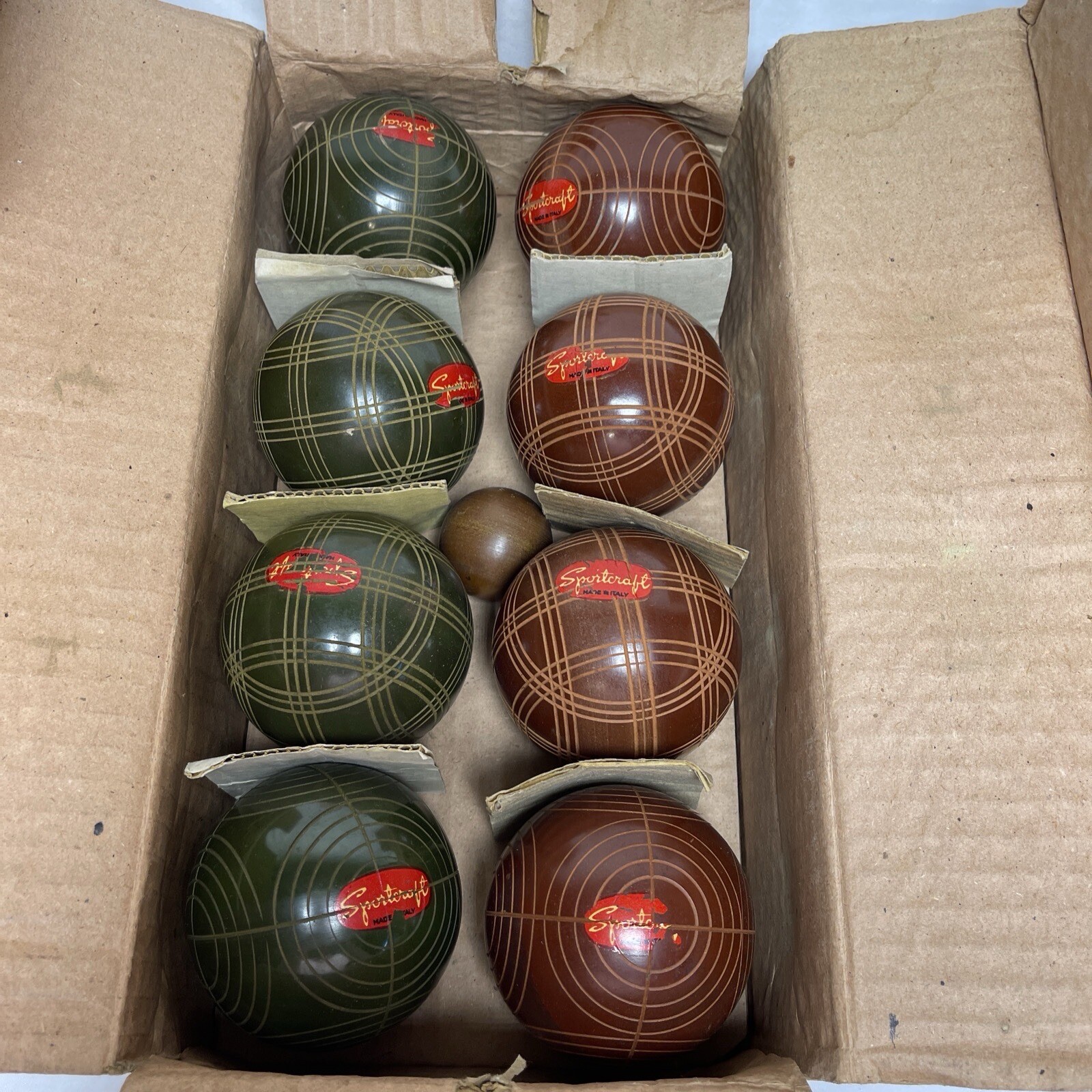 Vintage 1950s Sportcraft Bocce Ball set w/ Pallino Red Green Made In