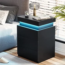 Nightstand with Charging Station and LED Lights,Night Stand with Sliding Top