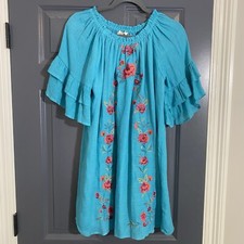 Umgee M Floral Embroidered Bell Sleeve Mini Dress Turquoise Festival Boho Beach