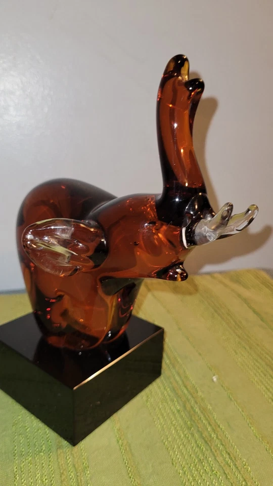 Badash Crystal - Hand Blown Art Glass - Amber Elephant  on Black Base 7.5 X 6 EC - Image 4 of 4