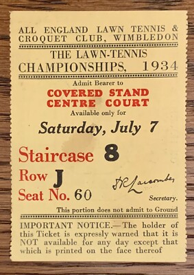 1934 HOF Dorothy Round Wins Her 1st Grand Slam Title Wimbledon Final Ticket Stub
