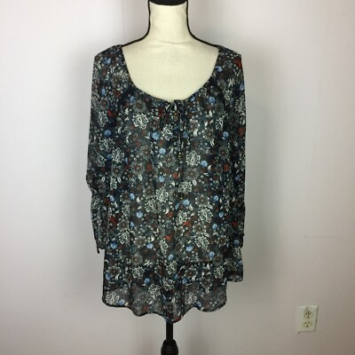 CB Established 1962 Blouse Tunic Top 1X Womans Plus Navy Blue Floral 3/4 Sleeve
