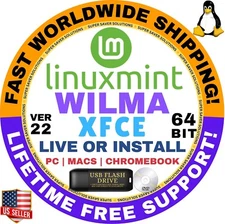 Linux MINT 22 USB WILMA XFCE, 64-Bit, Live Boot, Full Install for MAC, PC