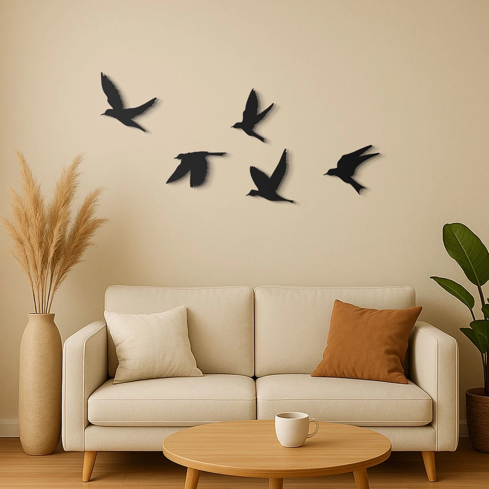 Conjunto de arte de silueta de 5 piezas para decoración de pared de metal de pájaros negros hogar dormitorio oficina Foto 3 de 4