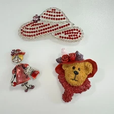 Red Hat Society Brooch Pin Red Rhinestone Silver Tone Hat Bear Lady TC Lot of 3