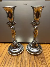 Pair Farber Bros Krome Kraft Nude Lady Candlestick Holders Woman New York *READ*