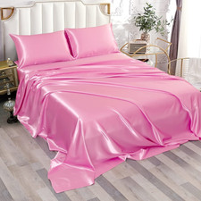 Satin Sheet Set Silky Deep Pocket Microfiber Fitted Flat Pillow Case Twin 3 PCS