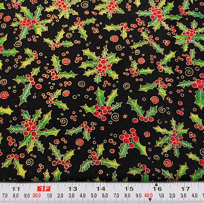 Laurel Burch Holiday Collection Holly on Black Cotton Fabric Half Yard Remnant