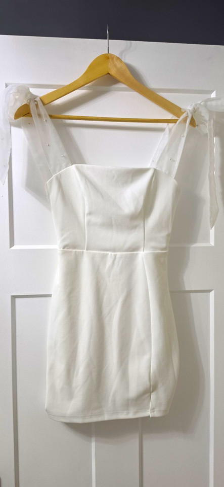 Lulu's White Square Neck Sheer Pearl Tie Strap Mini Dress XS