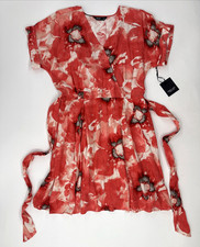 Simply Vera Wang Women’s Large Red Floral Dress Belted Midi Pleated Linen New