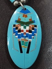 Zuni Style Native American Micro Inlay Pendant Necklace Sterling Silver