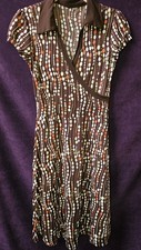 1970's Polyknit Brown Print Short Sleeve Dress w/Crossover Bodice