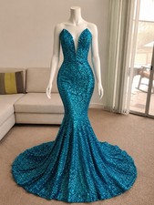 Portia Scarlett Blue Sequin Mermaid Maxi Dress Plunge Neck Backless Size 10