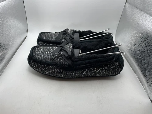 UGG SYMONA FRILL PANTOFOLE NERE IN TWEED METALLIZZATO E LANA SCAMOSCIATA TAGLIA 6 US