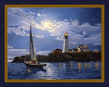 SERENITY Lighthouse, Sailboat On Calm Waters Quilt Panel, Wall Hanging 45" X 36"