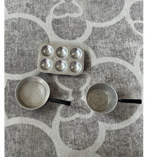 Silver Metal Pretend Play Toy Cookware Set w/ 2 Pans  6-Cup Muffin Tin