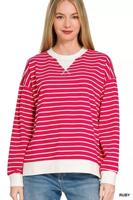 Zenana Contrast Striped Round Neck Sweatshirt