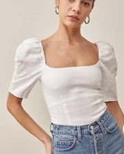 Reformation Rome White 100% Linen Puff Sleeve Smocked Peasant Top Sz 10