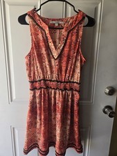 GUESS Fit And Flare V Neck Dress Medium Orange Multicolor Print Women's