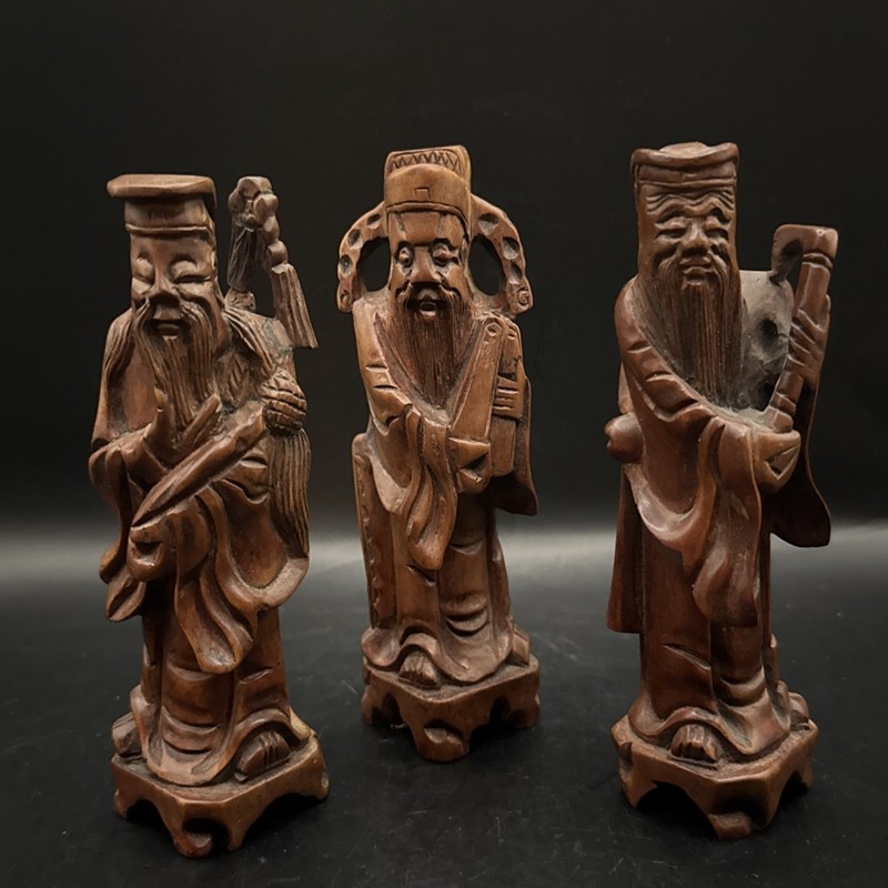 3 VINTAGE CHINESE HAND CARVED WOOD FIGURINES Fu Lu Shou Folklore Gods 6” Tall
