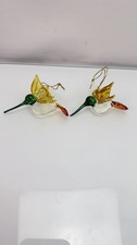 Pair of Blown Glass Hummingbird Christmas Ornaments Green Amber Clear Birds