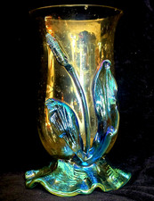 Antique Loetz Art Glass Clear Vase w Applied Iridescent Blue Cattail & Base