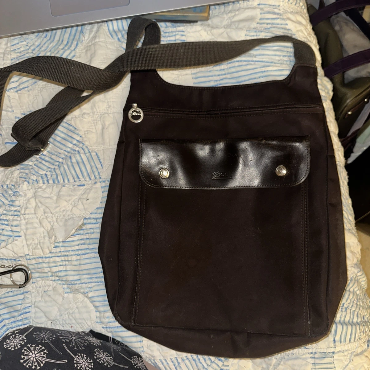 Longchamp Black Nylon Messenger Bag with Brown Strap Longchamp Brown Cloth & Leather Shoulder Bag main image 2