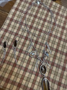 ELLE Tigers Eye Sterling Dangle Necklace and Earrings Pair Rare Vintage