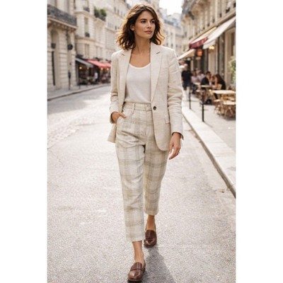 Isabel Marant Linen Silk Plaid Tapered Ankle Pants Neutral High Rise Size 2