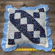 Cottagecore Country Chic Floral Ruffled Blue White Accent Pillow. 16x16