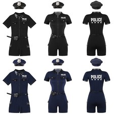 Women Leotard Belt Bodysuit Short Sleeve Jumpsuit Policewoman Uniform Carnival