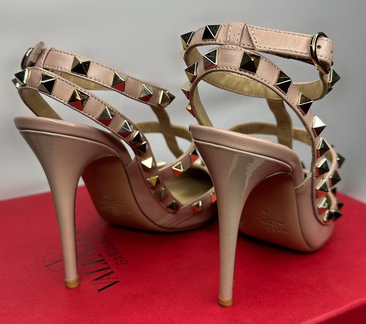 Valentino Rockstud Caged/T-Strap Pointed Toe Pump Heels - Poudre