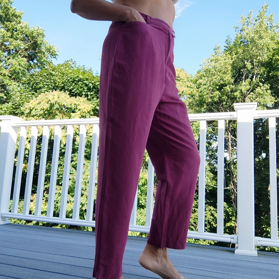 Dress Barn Pink Bordeaux Pants High Waist Sz 12 75%Silk 25% Linen Pockets Comfy  - Image 4 of 4