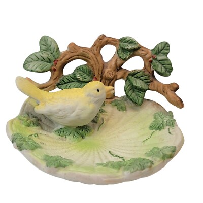 Vintage Yellow Bird Canary Trinket Dish Porcelain 2.5''TX5''W Leaves Tree Berries