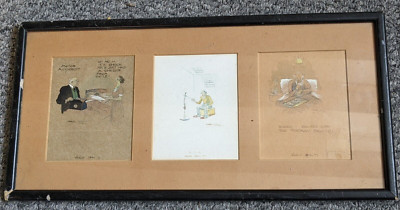 Original 3 karikaturistische Aquarelle in 1 Rahmen von Fred May (1891-1976)