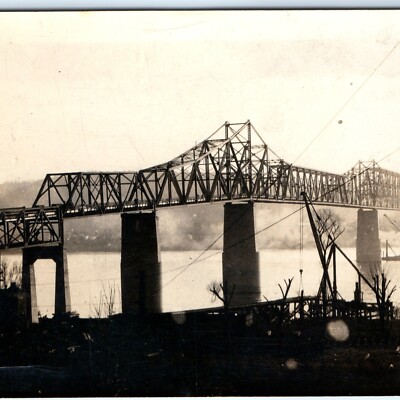 c1928 Milton-Madison Bridge Construction RPPC Truss Cranes Real Photo PC A125