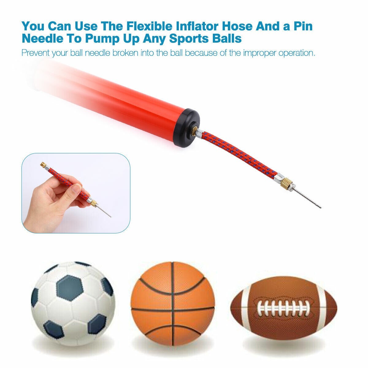 Hand Air Pump With Needle & Flexi Adapter - For Footballs, Bikes, Balls (Black)